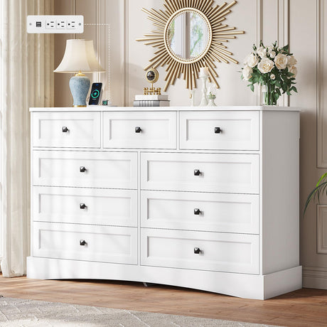 Hasuit White Bedroom Dresser with 9 Drawers, 51.2" Large Drawer Dresser with Charging Station, Wide Farmhouse Dresser Chest of Drawers, Wooden Storage Tower Organizer Dresser for Bedroom, Living Room Hasuit