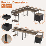 Mericonia L Shaped Gaming Desk, 66 inch Corner Computer Desk with File Drawer, Gaming Table with Led Lights, Workstation with Monitor Shelf, Printer Storage Shelves, Two Person Table, Grey Mericonia