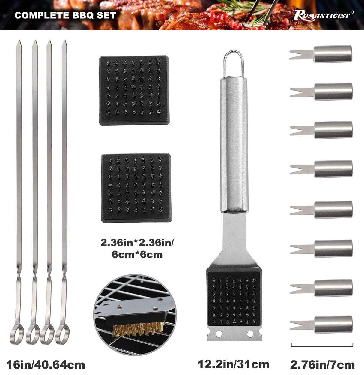 ROMANTICIST 23pc Must-Have BBQ Grill Accessories Set with Thermometer in Case - Stainless Steel Barbecue Tool Set with 2 Grill Mats for Backyard Outdoor Camping - Father's Day Best Barbecue Gift ROMANTICIST