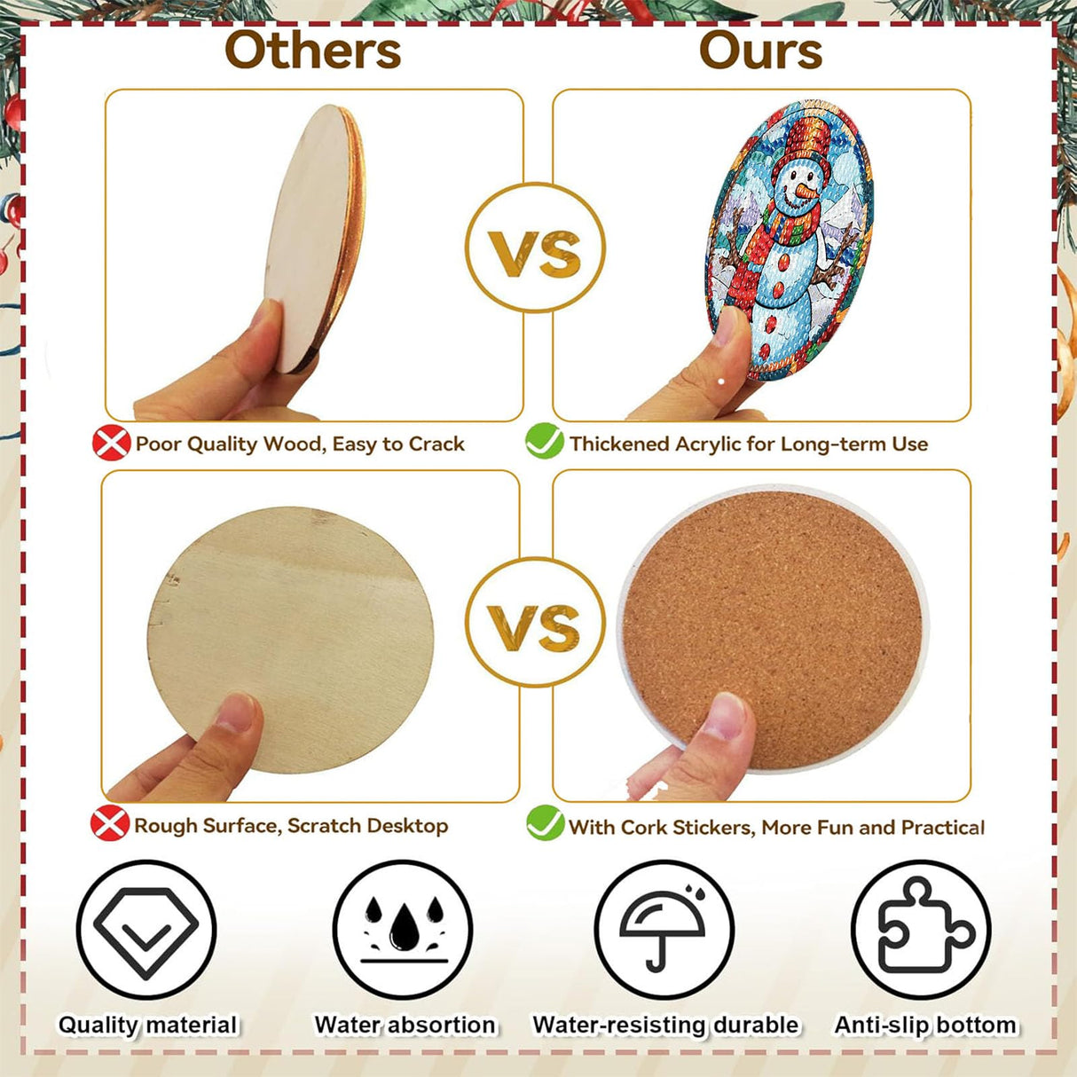 8 Pack Christmas Diamond Art Coasters Kit - Christmas Diamond Painting Coasters Kit Set with Holder Cork Pads, Diamond Art Kits for Adults Coaster, Gift for Handmade Lovers Non-Slip 3.9inch ajepon