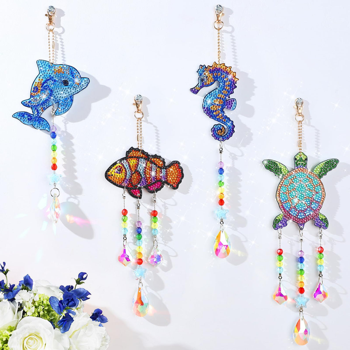 Diamond Art Kits for Kids - Crafts Gifts for Girls 8-12, 4 Pcs Double Sided Sea Animal Style Wind Chime, Hanging Crystal Rhinestone Painting Ornament Beeplove