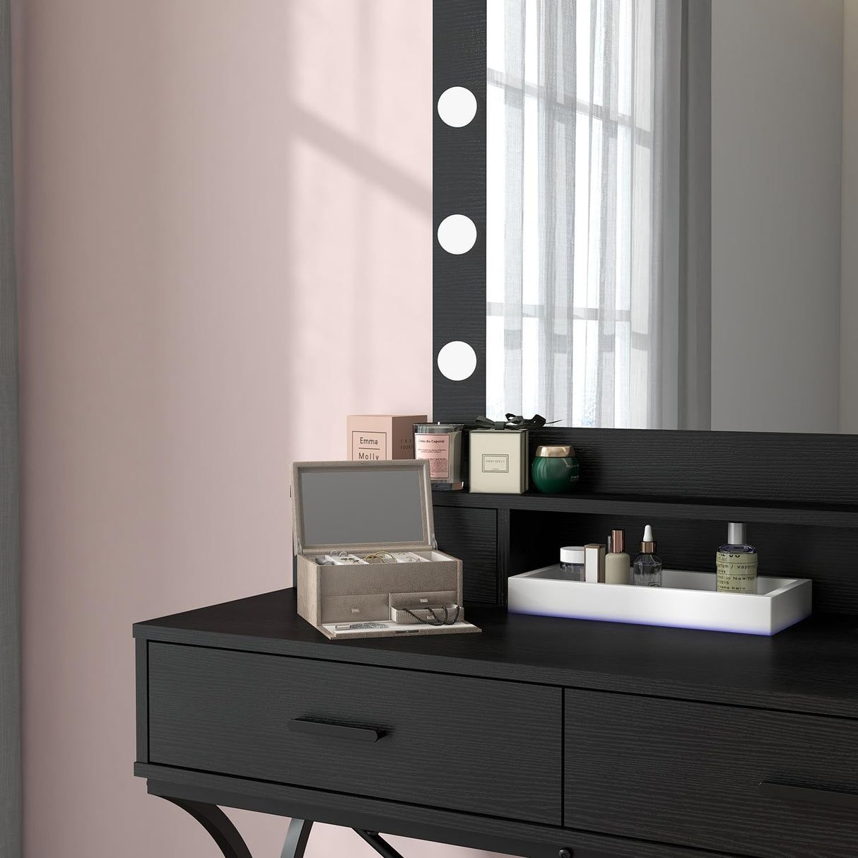 Vanity Table with Lighted Mirror, Modern Makeup Vanity Table with 10 Lights Makeup Desk 4 Drawer Storage Dressing Table for Bedroom (Black) Panana
