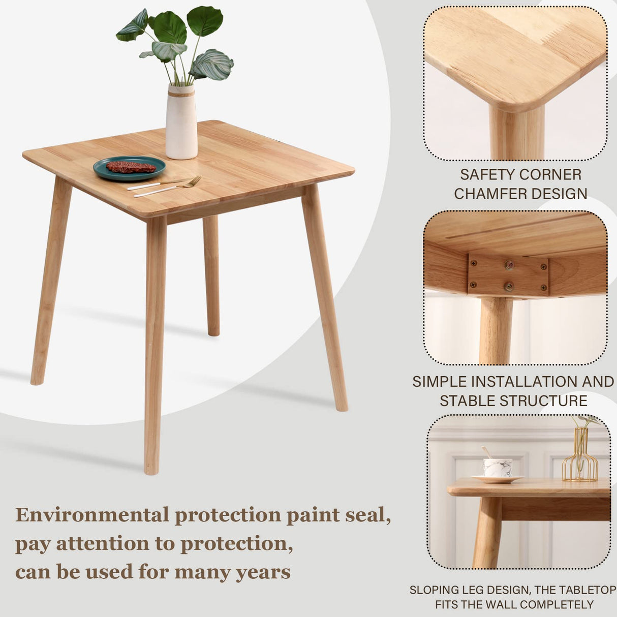 OGMILL 27.6" Small Square Wooden Dining Table for 2, Natural Kitchen Dinner Table Rustic Wood Dining Table Mid Century Modern Wood Farmhouse Table with Solid Wood Leg for Small Spaces OGMILL