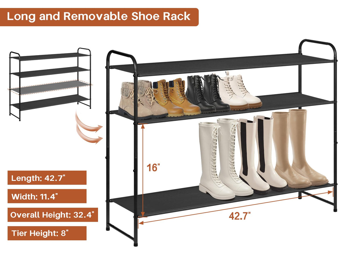 KIMBORA 4 Tier Long Shoe Rack for Closet Floor, Wide Shoe Shelf Storage Organizer 30-Pairs Stackable Sneaker Organizer for Closet, Bedroom (Black) KIMBORA