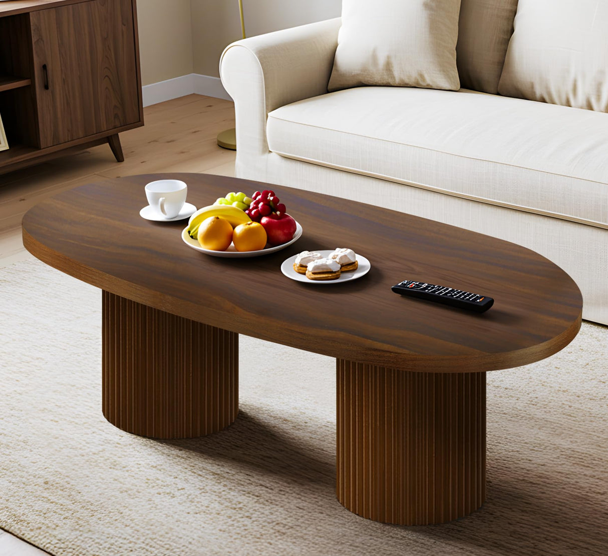 Farmhouse Coffee Table, Ellipse 47 in Wood Modern Center Accent Table, Mid Century Wooden Coffee Tables with Sturdy Base & Rounded Corners for Living Room (Rustic Brown) ZYBT