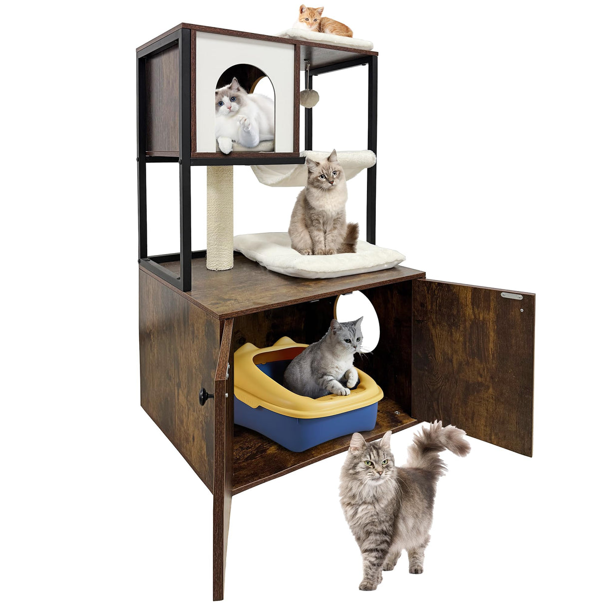 Litter Box Enclosure with Cat Tree, Corner Kitty Litter Box Enclosure Furniture Dog Proof Wooden Cats Cabinet with Condo, Plush Hammock, Scratching Post and Play Ball GarveeLife