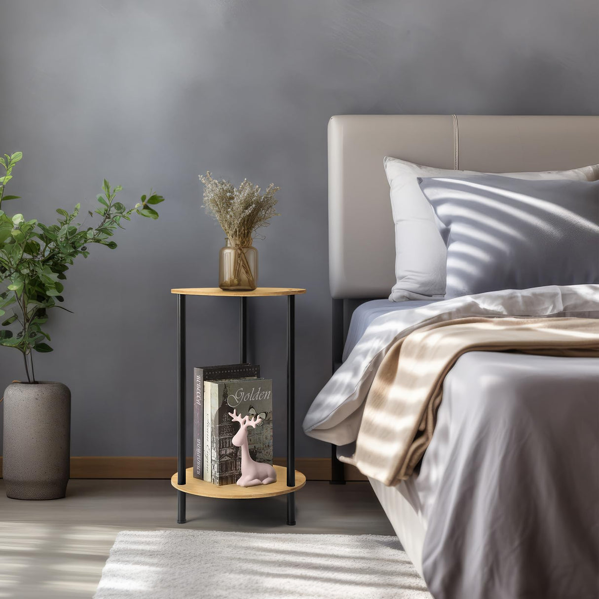 MOOACE End Tables Set of 2, Small Side Table, 2-Tier Round Nightstand Sofa Table Coffee Table with Bamboo Storage Shelves for Living Room, Bedroom MOOACE