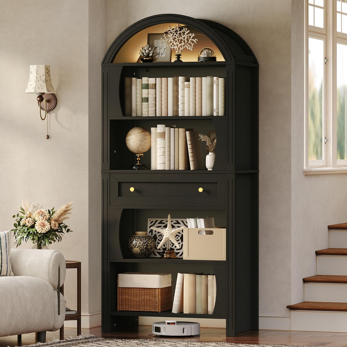STHYTON 70.3" Tall Arched Bookshelf, 6-Tier Book Shelf with LED Lights, Farmhouse Arched Bookcase with Open Shelves and Drawer, Freestanding Display Rack, for Living Room, Study, Home Office, Black STHYTON