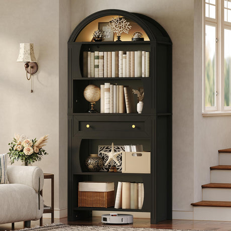 STHYTON 70.3" Tall Arched Bookshelf, 6-Tier Book Shelf with LED Lights, Farmhouse Arched Bookcase with Open Shelves and Drawer, Freestanding Display Rack, for Living Room, Study, Home Office, Black STHYTON