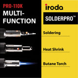 IRODA SOLDERPRO 110K Cordless Butane Soldering Iron Kit - 4-in-1 Portable Soldering Iron, Mini Torch, Heat Gun, Precision Heat Blower, 30-125W Adjustable, 100+ Min Runtime Iroda