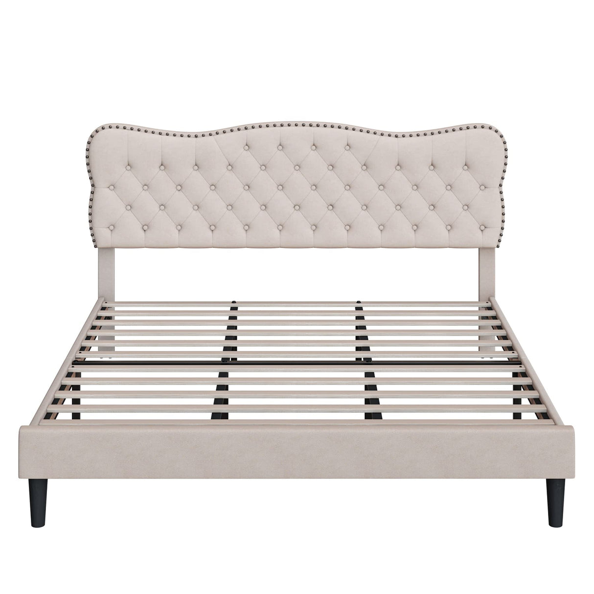 HOSTACK King Size Bed Frame, Linen Fabric Upholstered Platform with Adjustable Headboard, Diamond Tufted Mattress Foundation with Wood Slats, Easy Assembly, No Box Spring Needed, Beige HOSTACK