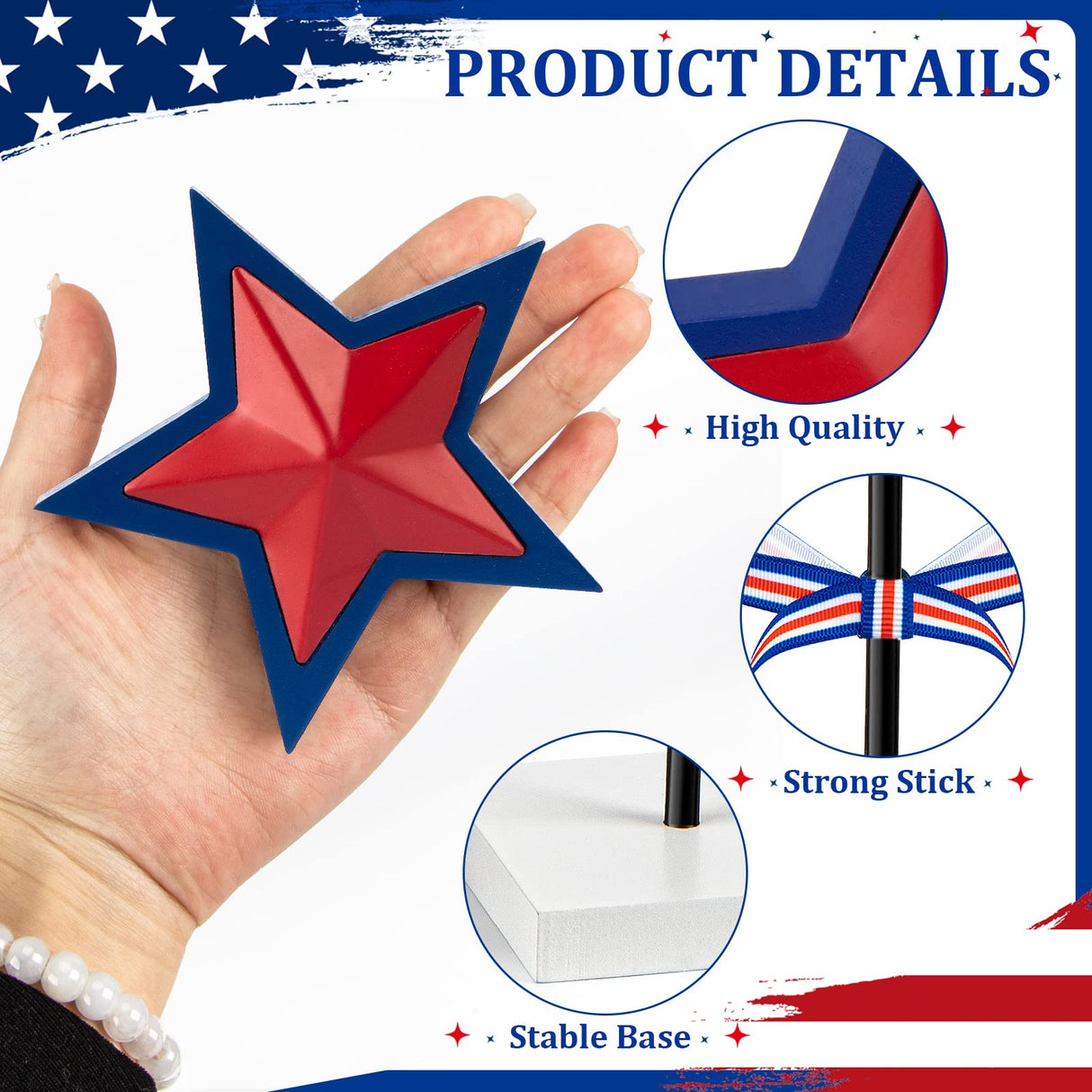 3 Pieces 4th of July Tiered Tray Decor Wood Star Set, Memorial Day Table Decorations, Rustic Patriotic Table Decorations, Red White and Blue Decorations for Home Tables(Classic) Sereliy
