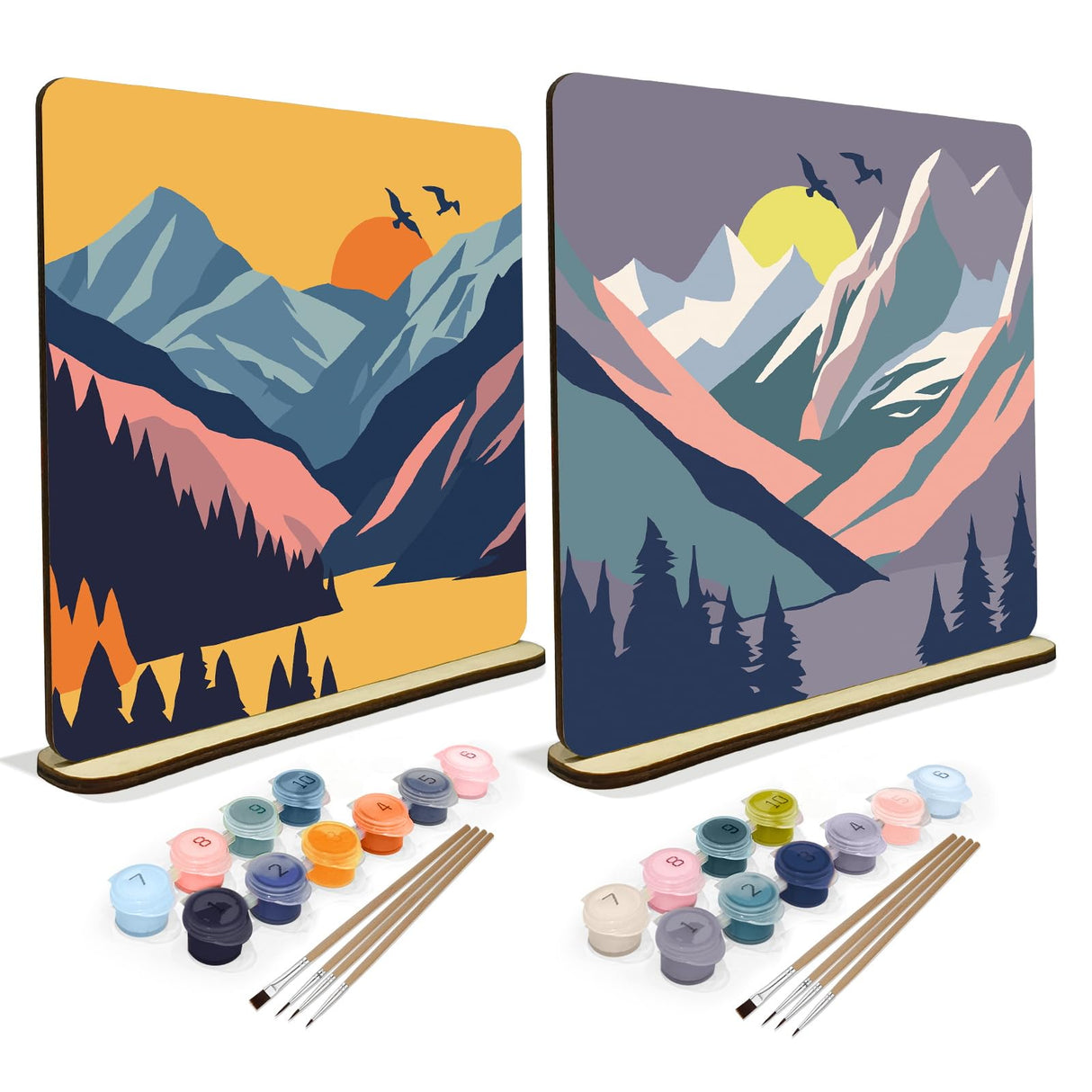 JOOZ 2 Pack Paint by Numbers Kit for Adults, Mountain Paint by Number on Wood Board, DIY Sunset Boho Oil Painting by Numbers Ornaments for Desktop, Easy Adult Paint by Number Kits for Gift 8x8 Inch JOOZ