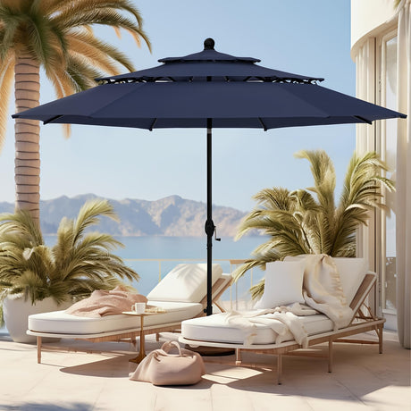 GREEN PARTY 10ft Outdoor Patio Umbrella, Auto-Tilt Market Table Umbrellas with Crank, 8 Sturdy Ribs & 1.5" Pole UV Protection for Garden Deck Backyard Pool, Navy Blue GREEN PARTY