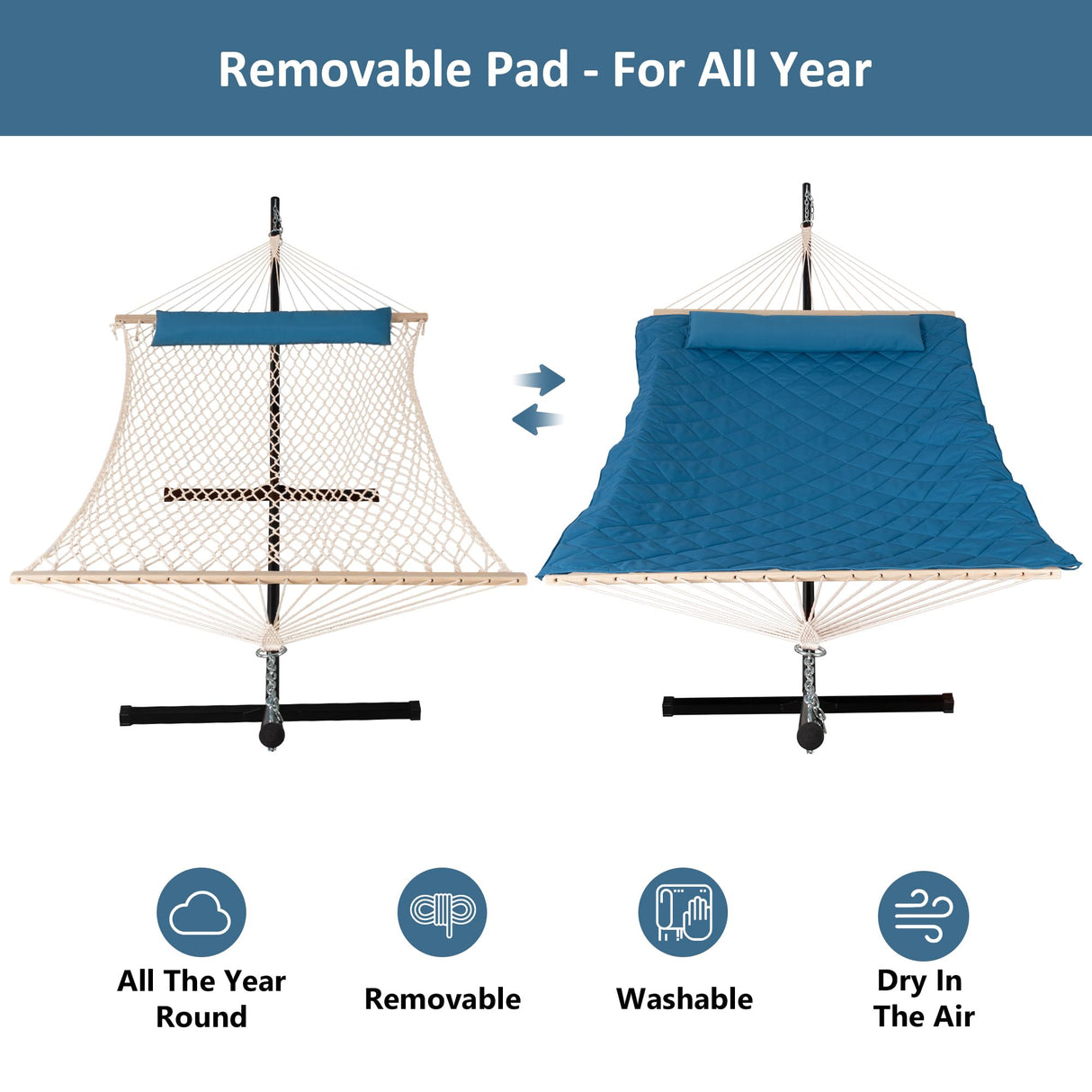 ANOW Double Hammock with Stand Included, Rope Hammock with Detachable Pillow and Pad for Outdoors Indoors, 450 LBS Weight Capacity, Blue ANOW