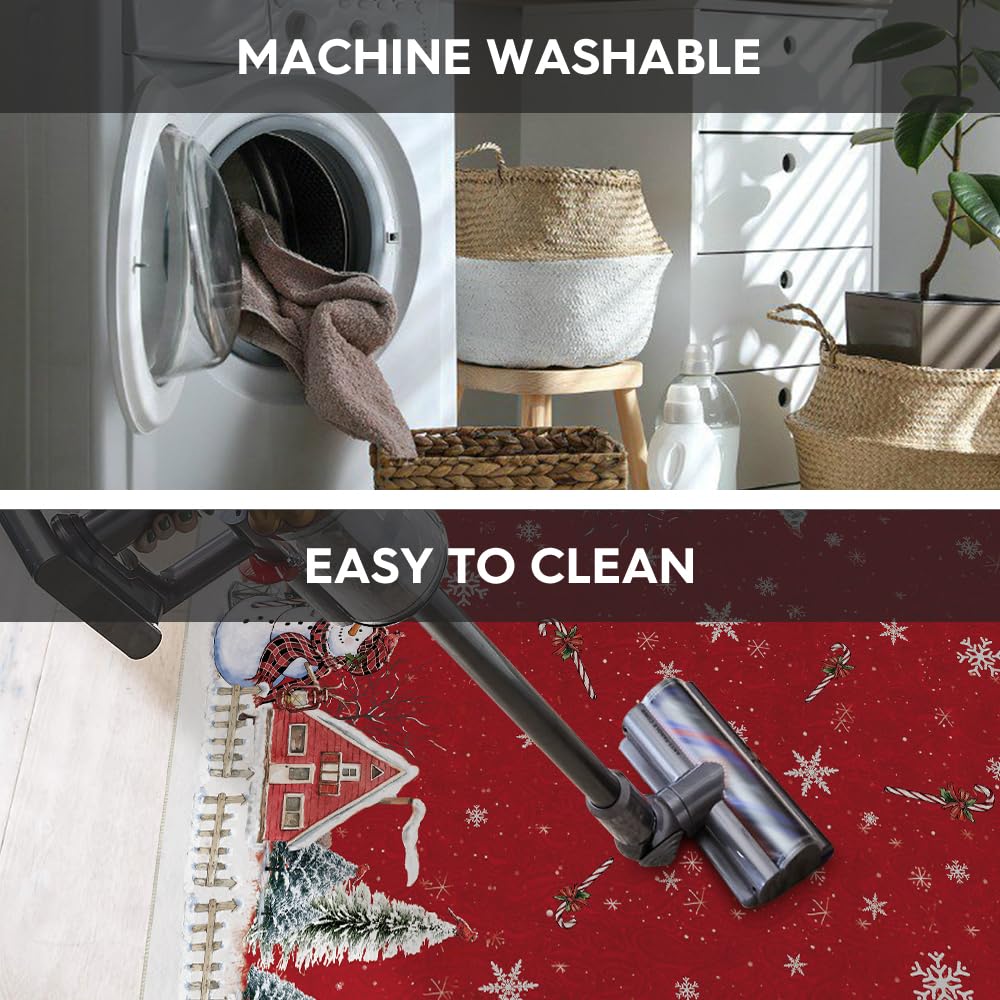 Artoid Mode Red Snowman House Pine Tree Christmas Area Rug, Xmas Winter Home Decor Low-Profile Washable Area Rugs for Entryway Bedroom Living Room Laundry Room Indoor 5x7 Feet Artoid Mode