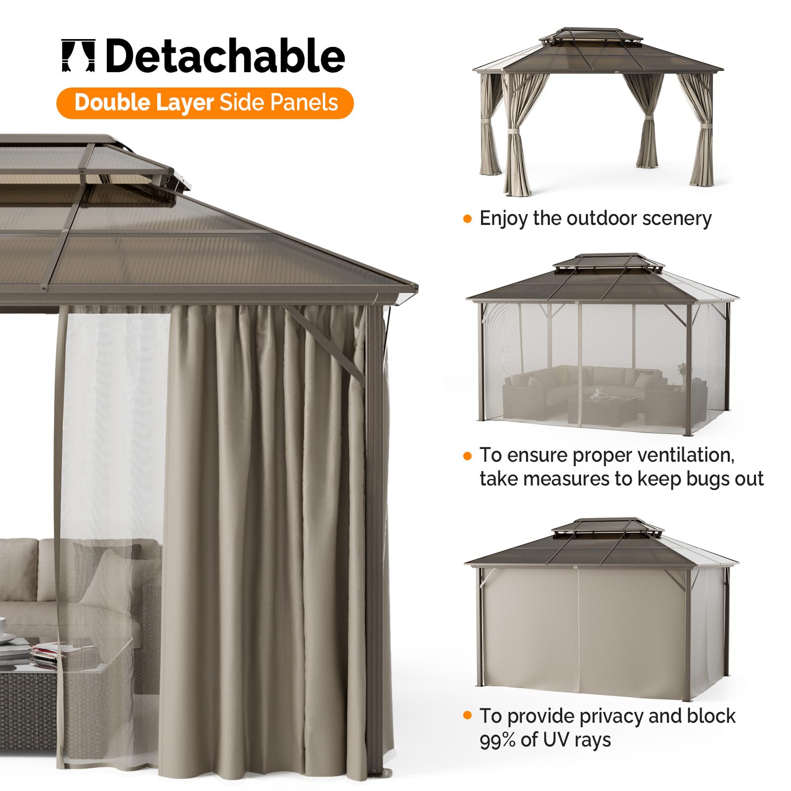 VINGLI 10’ x 13’ Outdoor Hardtop Gazebo Polycarbonate Double Roof Canopy Aluminum Frame Pavilion with Curtains and Netting Patio Gazebo Pergola - WoodArtSupply