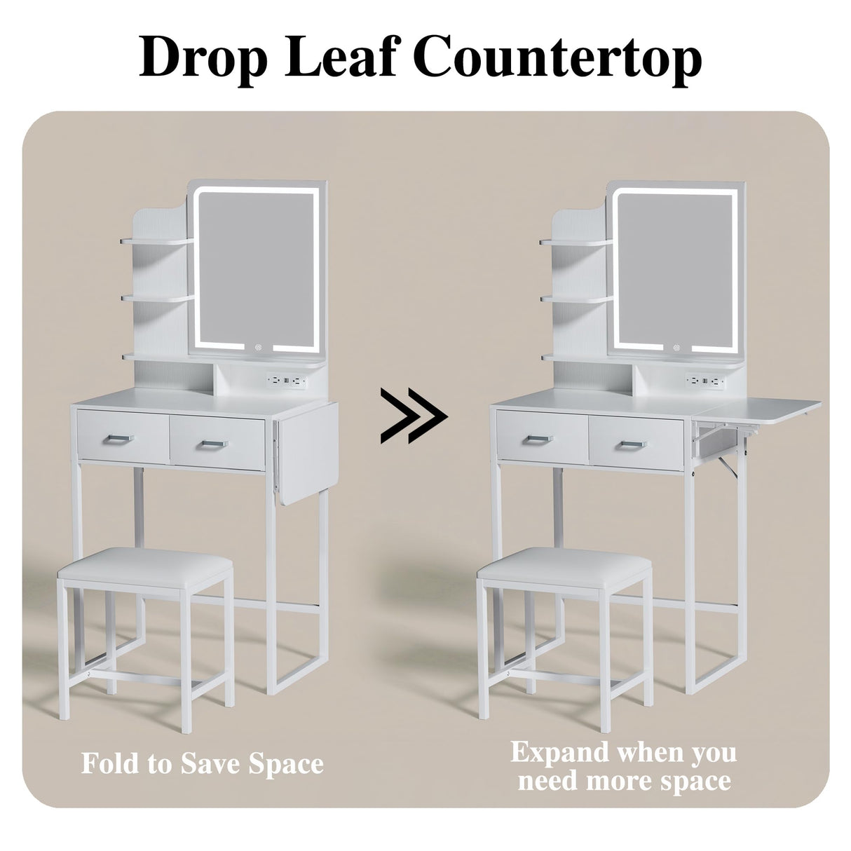 ALEXNUTRE Makeup Vanity Desk with Mirror and Lights, Small Vanity with Fabric Storage Drawer & Chair & Shelves, White Vanity with Fold-up Panel and Power Outlet for Bedroom ALEXNUTRE