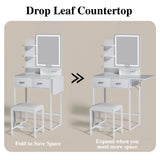 ALEXNUTRE Makeup Vanity Desk with Mirror and Lights, Small Vanity with Fabric Storage Drawer & Chair & Shelves, White Vanity with Fold-up Panel and Power Outlet for Bedroom ALEXNUTRE