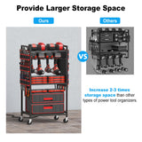 JUNNUJ Large Power Tool Organizer Cart with Charging Station, Garage Floor Standing Rolling Drill and Tools Battery Storage Cart on Wheels, Heavy Duty Utility Rack Shelf with 8 Outlet Power Strip, Red JUNNUJ