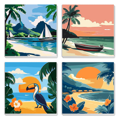 MXJSUA 4 Pack Beach Sea View Paint by Numbers Kit with Framed Canvas for Ages 6-12 Kids, Paint by Numbers Kits for Adult Beginners, Acrylic Oil Painting for Home Wall Decor Gift (8x8 inch)