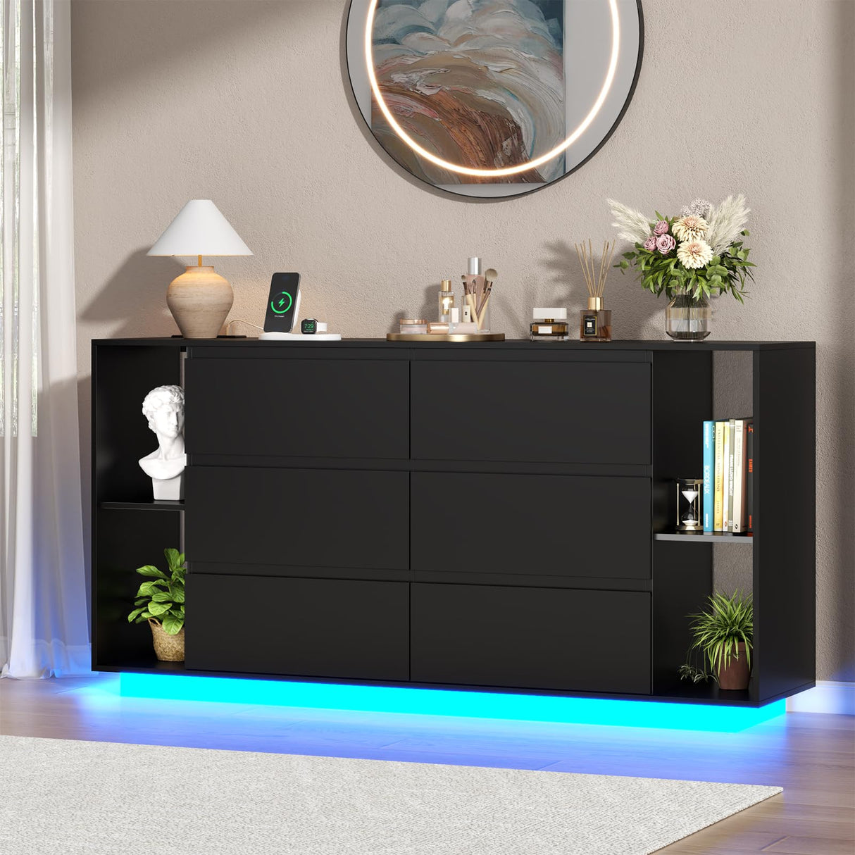 Gyfimioe 6 Drawer Dresser with Power Outlet, Floating White Dresser Chest of Drawer with LED Light,Modern Double Wide Drawer Organizer Cabinet for Bedroom,Living Room (6 Drawer-Black) Gyfimoie