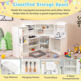 HONEY JOY Corner Kids Kitchen Playset, Ultimate Wooden Play Kitchen for Toddlers, Washing Machine, Ice Maker, Sink, Microwave, Little Chef Pretend Play Toy Kitchen Set, Gift for Boys Girls, White HONEY JOY