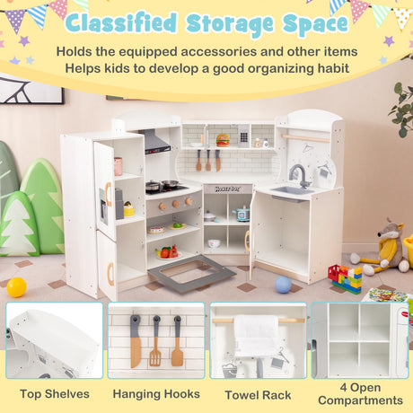 HONEY JOY Corner Kids Kitchen Playset, Ultimate Wooden Play Kitchen for Toddlers, Washing Machine, Ice Maker, Sink, Microwave, Little Chef Pretend Play Toy Kitchen Set, Gift for Boys Girls, White HONEY JOY