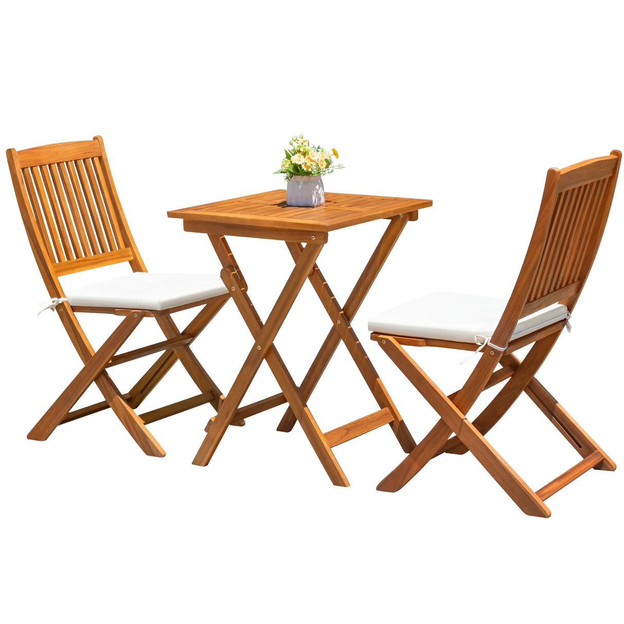 JUMMICO 3 Piece Folding Patio Chairs Outdoor Acacia Wood Bistro Set with Cushion Square Table and Chairs Porch Furniture for Balcony, Lawn, Deck JUMMICO