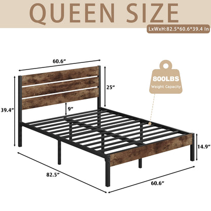 Foredawn Rustic Brown Queen Bed Frame with Wooden Headboard, Metal Platform and Under-Bed Storage - WoodArtSupply