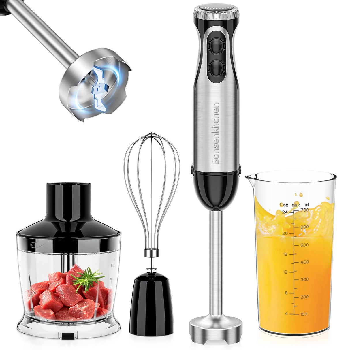 Bonsenkitchen Immersion Blender, 20 Variable Speeds & Turbo, 4-In-1 Stainless Steel Handheld Blender Stick Mixer with Egg Whisk, Beaker & Chopper Bowl Bonsenkitchen
