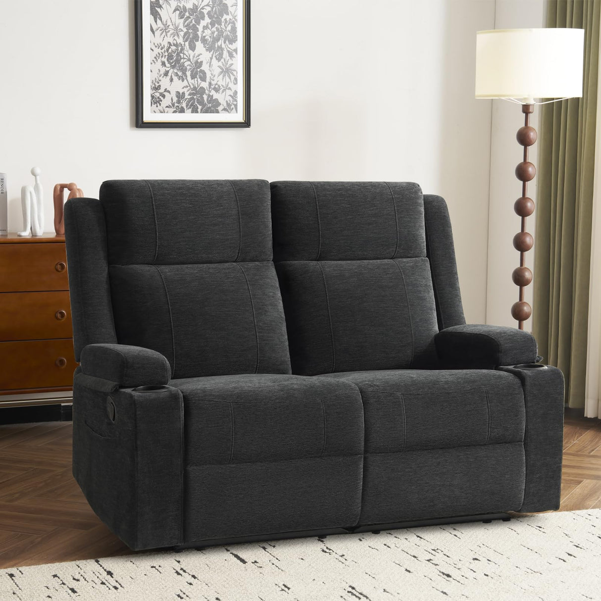 PALLOME Manual Reclining Loveseat Sofa, 2-Seater Recliner Couch with Cup Holders, Fabric Reclining Sofa for Living Room/RV (Black) PALLOME