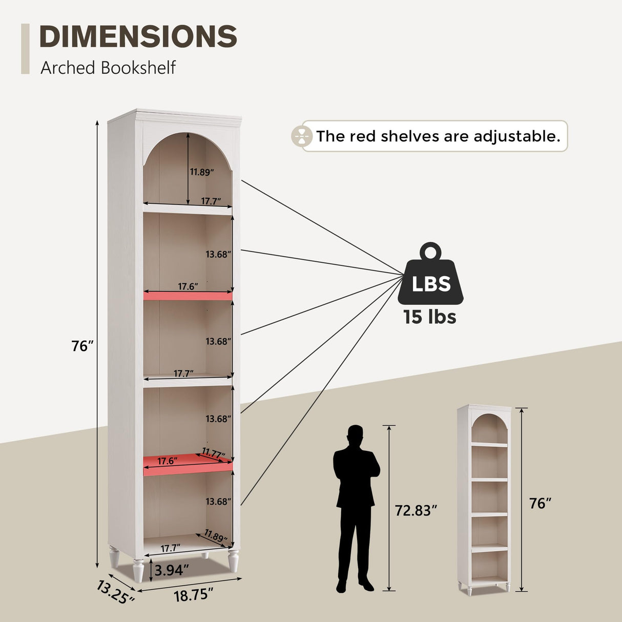 IFGET 76" Tall Arched Bookcase, Farmhouse 5 Tiers Narrow Arched Bookshelf Cabinet with Adjustable Shelves, Modern Wooden Book Shelf w/Storage and Open Display Shelves for Living Room, Office-Cream IFGET