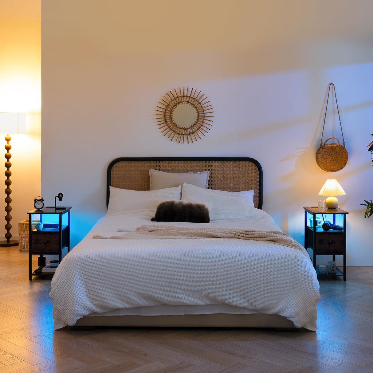 Yoobure End Table with Charging Station, Narrow Side Table with Adjustable Fabric Drawer, 3-Tier End Tables Living Room, Small Nightstand with Outlets, LED Skinny Night Stand for Bedroom Small Spaces Yoobure