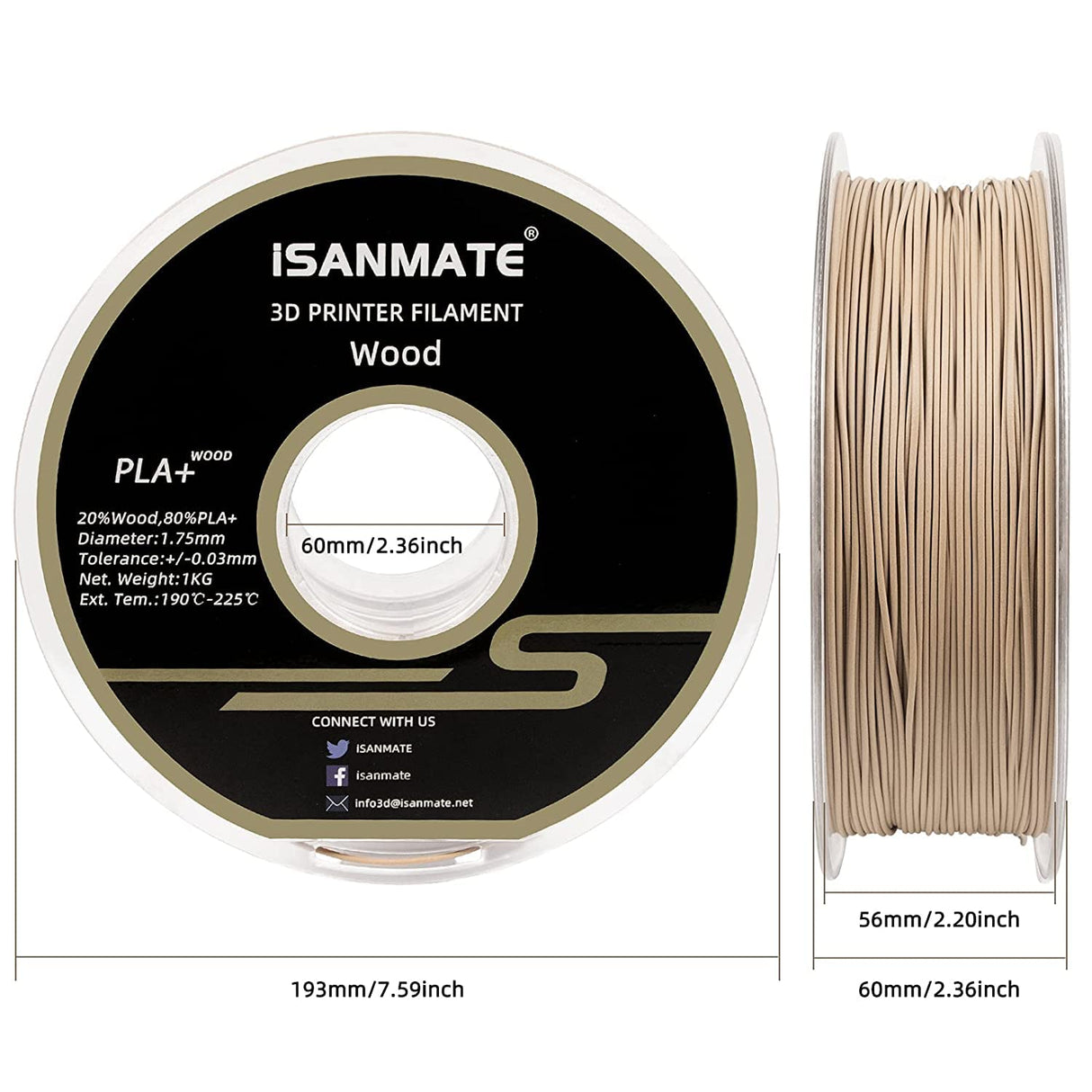 iSANMATE Wood Filament 1.75mm, PLA+ Wood Filament 1.75mm, 3D Printer Filament 1kg/Spool (Update 20% Real Wood Fiber) iSANMATE