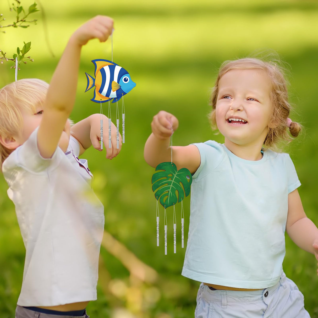 Silipull 24 Sets Summer Wind Chimes Craft for Kids Make Your Own Hawaiian Wind Chimes DIY Tropical Wooden Hanging Ornament for Kids Summer Hawaiian Party Outdoor Decoration Silipull