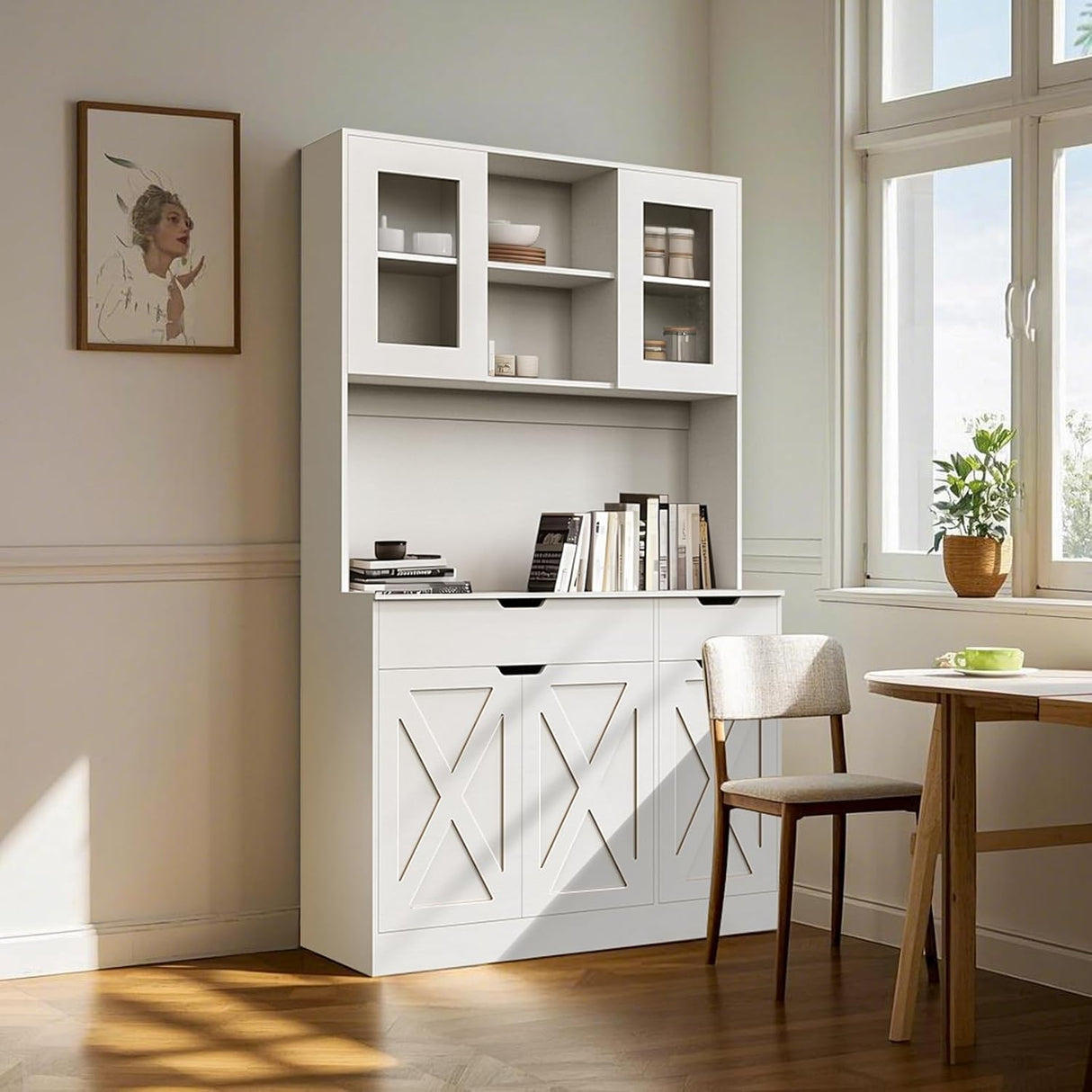 GTFURNI 71" Tall Kitchen Pantry Storage Cabinet Large Farmhouse Hutch Cabinet with Microwave Stand, Charging Station, Adjustable Shelves, Countertop for Dining Room, Living Room, White GTFURNI