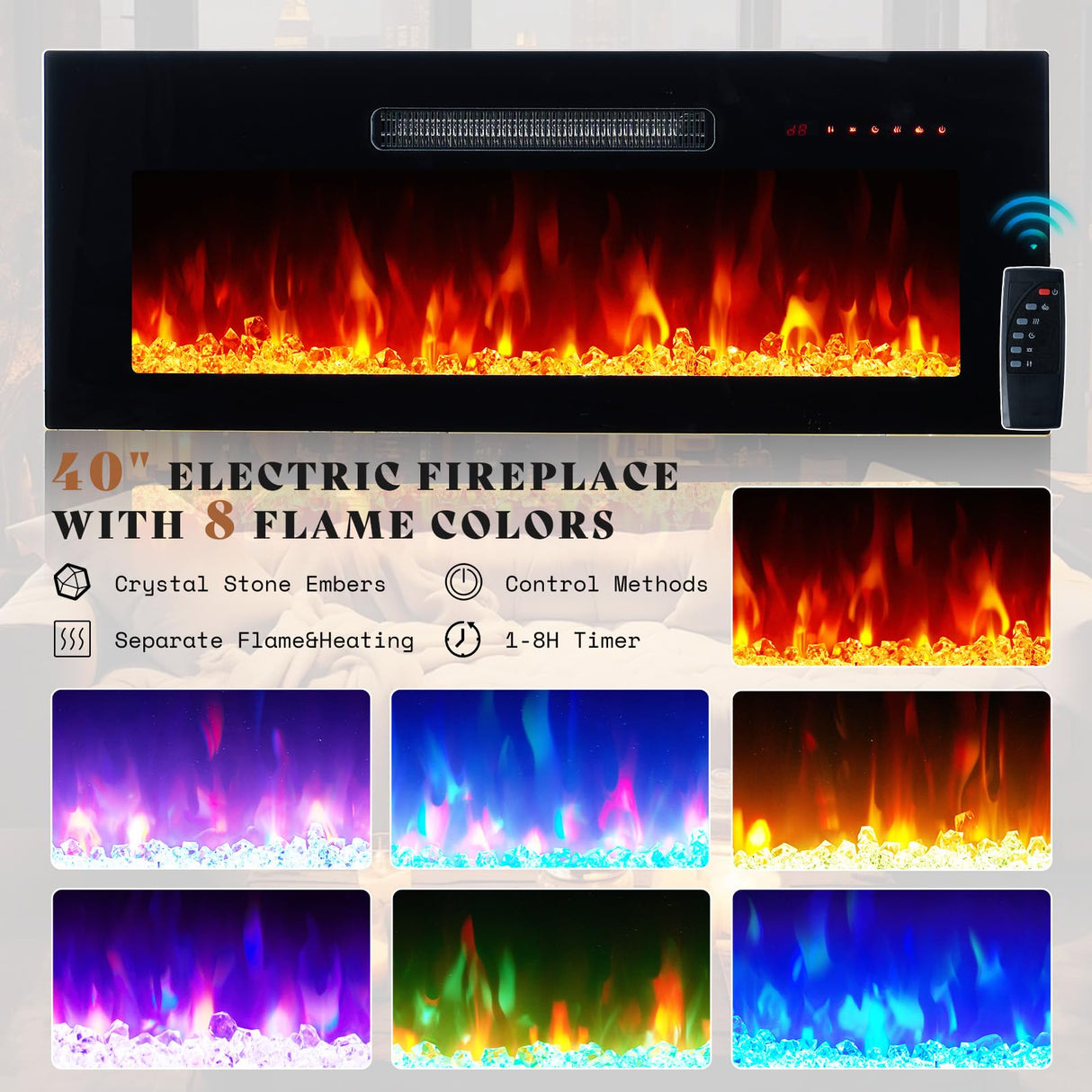 AMERLIFE Floating TV Stand with 40" Electric Fireplace, Modern Wall Mounted Entertainment Center with Storage, 80in Media Console with High Gloss Geometric Doors for TVs Up to 90", Black AMERLIFE