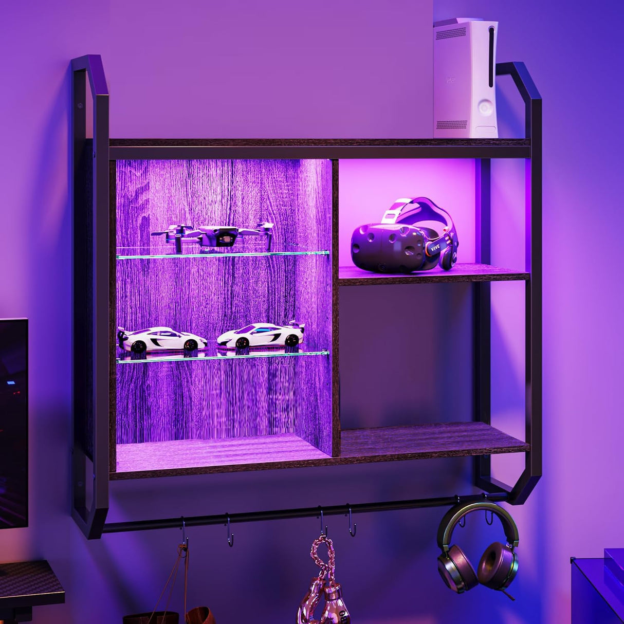 Bestier Gaming Floating Shelves, 34" LED Wall Mounted Shelf with Adjustable Glass Shelf, Pipe Shelves Hanging Display Rack Bookshelf with 6 S-Hook, Gaming Room Decor Wine Coffee Bar Black Bestier