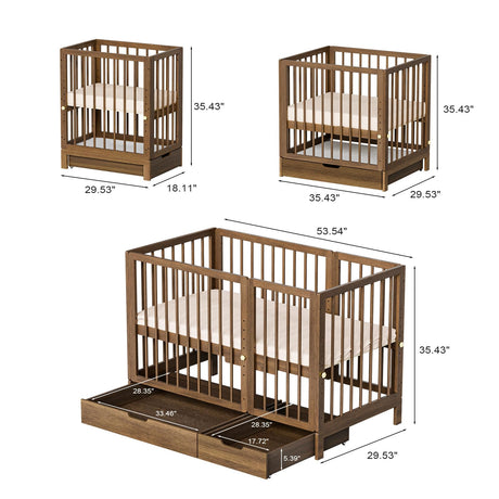 JOYMOR 8-in-1 Convertible Crib with Drawer, Include 2" Mattress, Convert from Mini Crib, Mid Crib to Full Crib, 8 Height Adjustable, Undercrib Storage Drawers (Honey Wood) JOYMOR