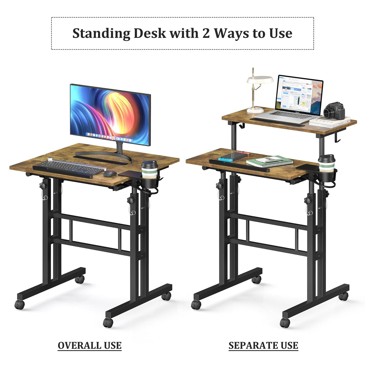 Enayplon Small Standing Desk with Wheels, Mobile Stand Up Desk, Portable Standing Table on Wheels for Walking Pad, Rolling Computer Desk Adjustable Height, Tall Table Enayplon