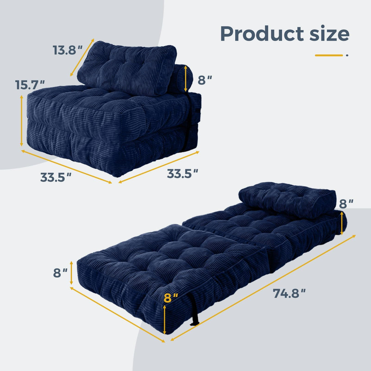 MAXYOYO Folding Sofa Bed, Convertible Sleeper Chair with Pilow Foldable Matress with Back Support, Portable Fold Out Chair Bed Comfy Floor Sofa Lounge for Living Room Bedroom, Navy, Single MAXYOYO