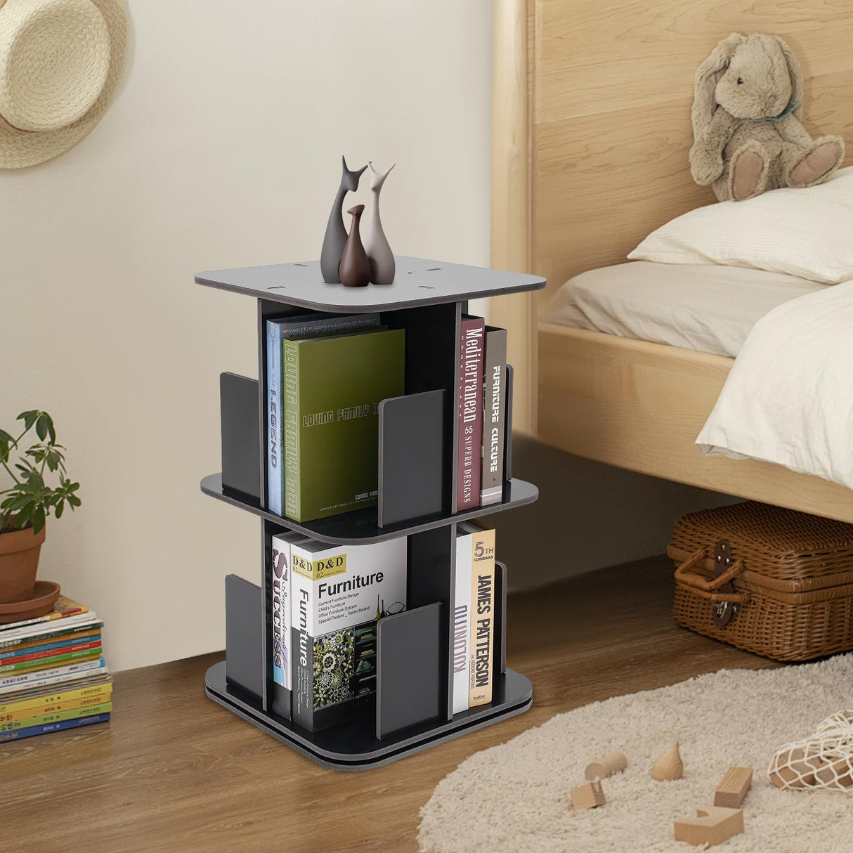 KeruRome 2 Tier Rotating Bookshelf 360 Display Round Floor Standing Revolving Bookcase Storage Rack Book Shelf Organizer for Small Space Bedroom Living Room Black KeruRome