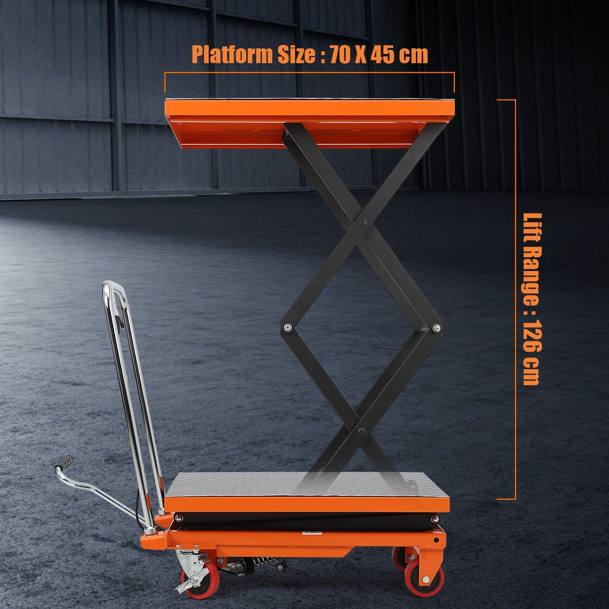 Euker Double Scissor Hydraulic Lift Table Cart, 330 Lbs Load Capacity 50" Lifting Height with 4 Wheels and Non-Slip Pad, Manual Elevating Cart for Material Handling and Transportation, Orange Euker
