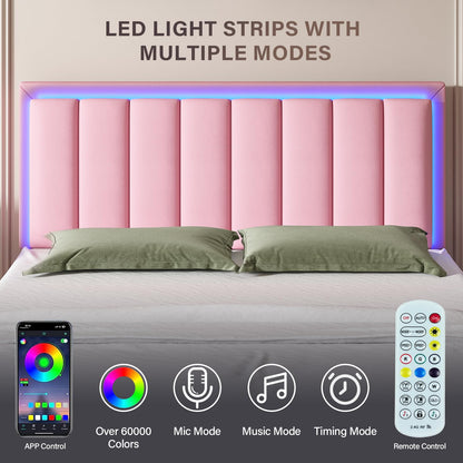 Full Size Bed Frame with LED Lights, Upholstered Platform Bed with PU Leather Headboard, Mattress Foundation with Wooden Slats Support, No Box Spring Needed, Easy Assembly, Pink