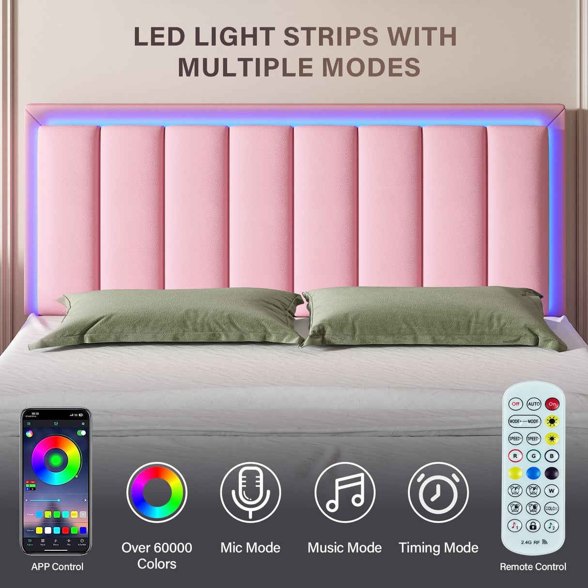 BarnFurin Pink King Size Bed Frame with LED Lights and Upholstered Headboard BarnFurin