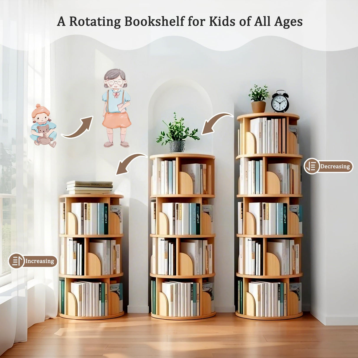 LKTART 5 Tier Rotating Bookshelf, 360° Spinning Book Shelf Tower, Space-Saving, Narrow Rolling Bookshelves for Small Space, Corner, Bedroom, Office, Natural LKTART