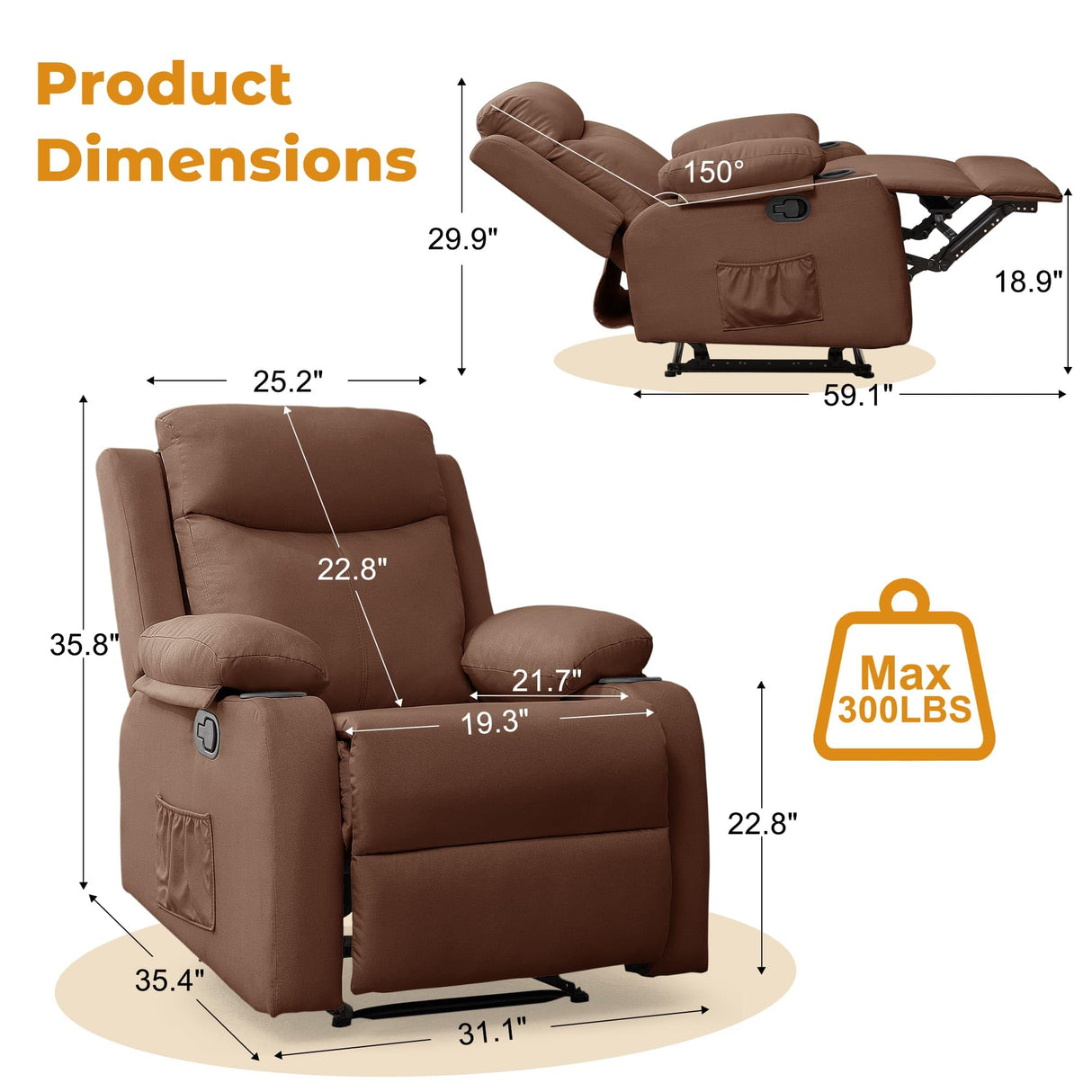 Korser Recliner Chair, Small Recliners for Small Spaces, Manual Recliner with Cup Holders and Side Pockets, Reclining Chair, Chairs for Living Room, Bedroom, Nursery, Brown Korser