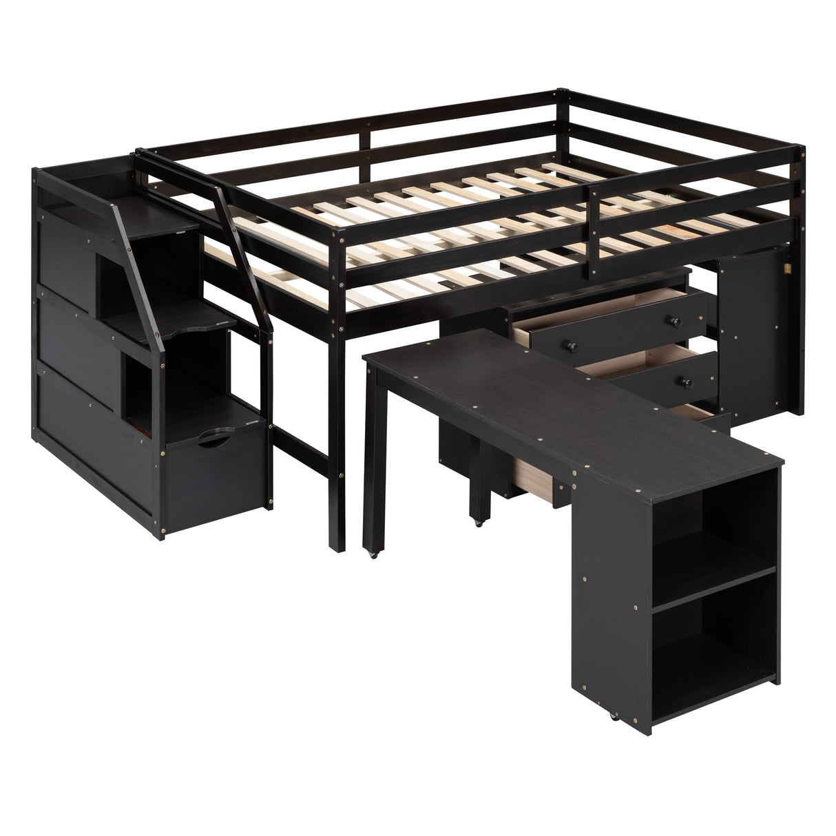 Full Size Low Loft Bed with Stairs and Rolling Desk, Wood Kids Full Loft Bed with Storage Drawers and Shelves, Low Full Storage Bed with Cabinet for Kids, Juniors, Teens (Espresso) Harper & Bright Designs