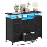 LUMTOK 11 Drawers Dresser with Fabric Drawers,Charging Station, LED Lights and Shelves for Bedroom, Living Room, Hallway, Nursery Storage Organization (Black Wood Veins) LUMTOK